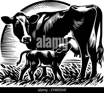 A heartwarming black and white illustration of a gentle cow nursing her calf in a serene rural field. Background is a simple, stylized field of grass. Stock Vector