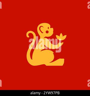 Golden monkey with flower Chinese New Year monochrome icon vector flat illustration. Funny ape chimpanzee Asian zodiac horoscope sitting with long tai Stock Vector