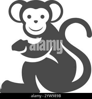 Monkey sitting with curved tail funny exotic jungle character monochrome silhouette icon vector illustration. Mammal mascot wild ape cute primate chim Stock Vector