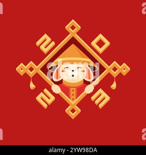 Chinese New Year 2023 Asian rabbit in cone hat at geometric frame isometric greeting card vector illustration. Oriental holiday congratulations rhombu Stock Vector