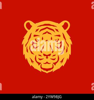 Tiger muzzle furry Chinese New Year wild animal golden monochrome icon vector flat illustration. Feline carnivorous predator Asian fortune character p Stock Vector