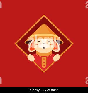 Chinese rabbit New Year lunar calendar mascot rhombus geometric frame icon vector illustration. Asian bunny hare in cone hat ethnic traditional costum Stock Vector
