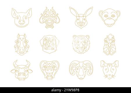Livestock animal muzzle head portrait butchery shop zoo monochrome line icon set vector illustration. Agriculture farm characters breeding organic mar Stock Vector