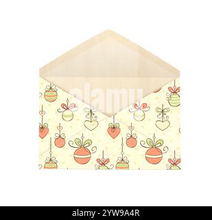 Font view of vintage opened paper envelope with Christmas pattern. Old letter in shabby chic style. Isolated on white background. Holiday decor for sc Stock Photo