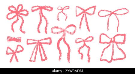 Crayon bow set. Brush pink ribbons isolated on white background. Present decoration elements set punk grunge style. Vector illustration pack. Stock Vector