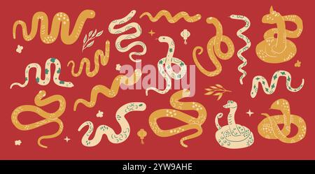 Green snake Chinese New Years symbol set. Cny zodiac snake lunar 2025 collection isolated. Vector hand drawn flat illustration Stock Vector