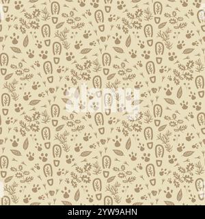 Woodland seamless pattern. Forest endless background. Monochrome continuous ornament. Surface pattern design motif. Vector hand drawn illustration. Stock Vector