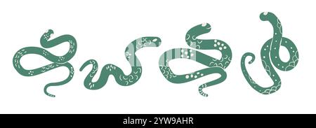 Green snake Chinese New Years symbol set. Cny zodiac snake lunar 2025 collection isolated on white background. Vector hand drawn flat illustration Stock Vector