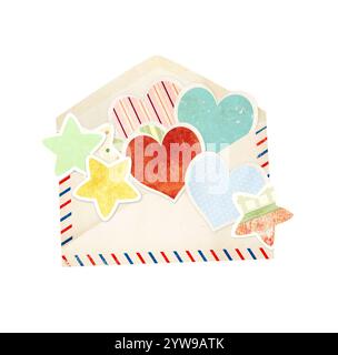 Font view of blank vintage opened envelope with paper hearts inside. Old envelope in shabby chic style and cute heart and star. Valentine's day decor Stock Photo