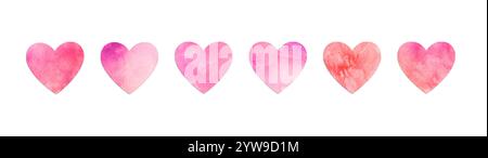 Row of pink watercolor paper hearts isolated on white background, love and Valentine's day symbol Stock Photo