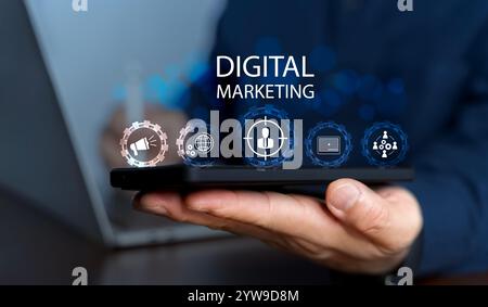 Digital marketing commerce online sale concept. Advertising products or services through digital channels. social media, email, website, Digital Marke Stock Photo