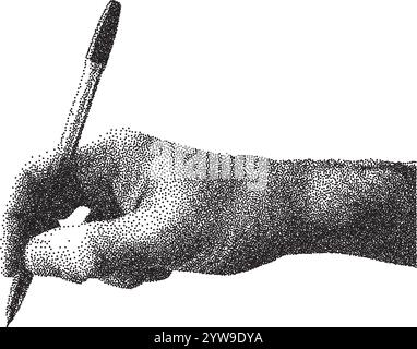 Stipple dotted male writing hand with a pen. Vector textured male arm photocopy effect for trendy y2k retro collage Stock Vector