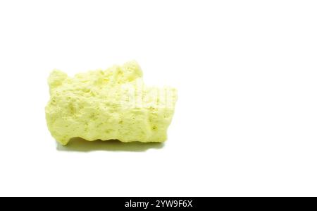 Yellow sulphur or sulfur brimstone  is a chemical element, it has symbol S and atomic number 16. It is abundant, multivalent and nonmetallic. Isolated Stock Photo