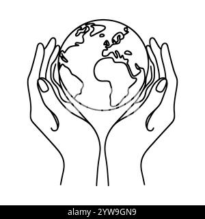 Linear Earth in hands isolated on white background. Black hand drawn globe in hands. Save of planet. Vector illustration Stock Vector