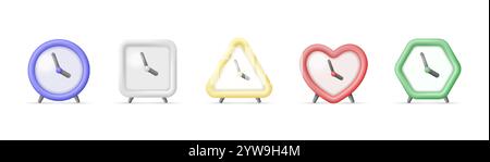 Realistic set of table clocks in 3D. Realistic alarm clocks of different shapes and colors. Vector illustration. Stock Vector