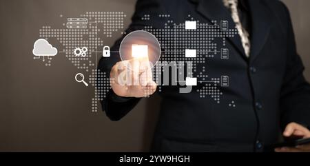 Online documentation database and process automation to efficiently manage files. Man point at document virtual screen. Digital asset management, Work Stock Photo