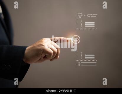 Online documentation database and process automation to efficiently manage files. Man point at document virtual screen. Digital asset management, Work Stock Photo
