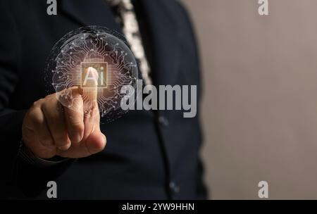 Artificial intelligence concept. businessman hand hold world AI Hologram to do more Business innovation. Connection network for business global by AI. Stock Photo
