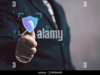 Cyber security privacy concept protect data information. Lock icon and internet network secure technology. Businessman show security icon protection o Stock Photo