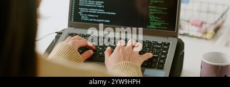 Website banner with medium close up shot of elegant female hands typing on keyboard Stock Photo