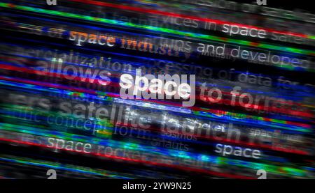 Space industry and research headline news across international media. Abstract concept of news titles on noise displays. TV glitch effect 3d illustrat Stock Photo