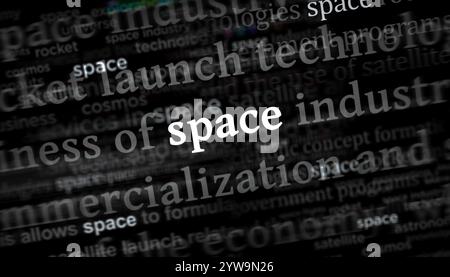 Space industry and research headline news across international media. Abstract concept of news titles on noise displays. TV glitch effect 3d illustrat Stock Photo