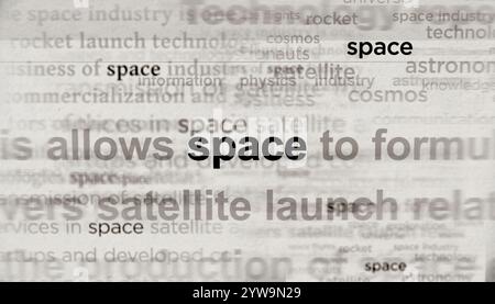 Space industry and research headline news across international media. Abstract concept of news titles on noise displays. TV glitch effect 3d illustrat Stock Photo