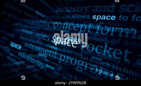 Space industry and research headline news across international media. Abstract concept of news titles on noise displays. TV glitch effect 3d illustrat Stock Photo