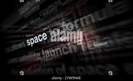 Space industry and research headline news across international media. Abstract concept of news titles on noise displays. TV glitch effect 3d illustrat Stock Photo