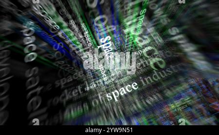 Space industry and research headline news across international media. Abstract concept of news titles on noise displays. TV glitch effect 3d illustrat Stock Photo