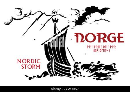 Scandinavian Viking design. Viking ship Drakkar sails on the waves of the stormy sea Stock Vector