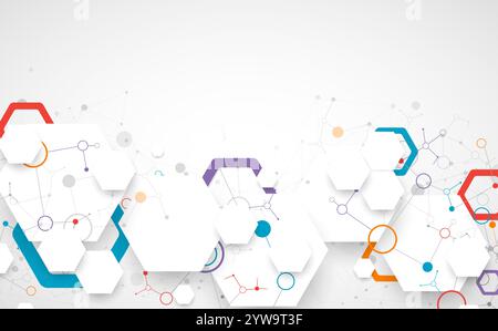 Scientific fbstract background. White hexagons with a plexus effect and circles connected by lines. Hand drawn vector. Stock Vector