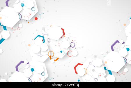 Scientific fbstract background. White hexagons with a plexus effect and circles connected by lines. Hand drawn vector. Stock Vector