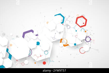Scientific fbstract background. White hexagons with a plexus effect and circles connected by lines. Hand drawn vector. Stock Vector