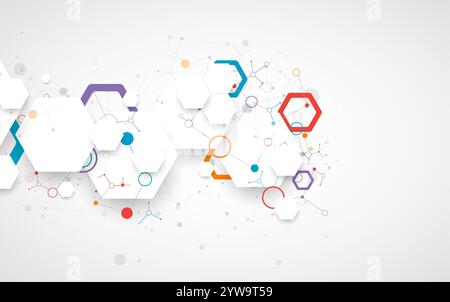 Scientific fbstract background. White hexagons with a plexus effect and circles connected by lines. Hand drawn vector. Stock Vector