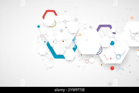 Scientific fbstract background. White hexagons with a plexus effect and circles connected by lines. Hand drawn vector. Stock Vector