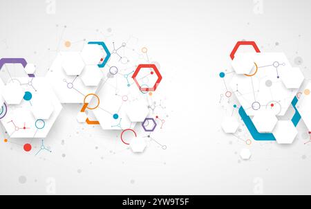 Scientific fbstract background. White hexagons with a plexus effect and circles connected by lines. Hand drawn vector. Stock Vector