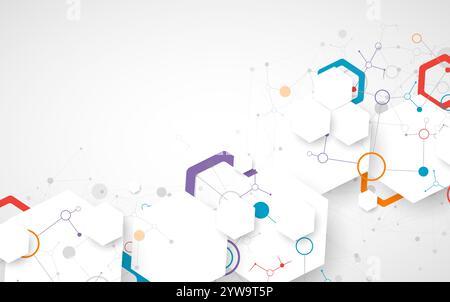 Scientific fbstract background. White hexagons with a plexus effect and circles connected by lines. Hand drawn vector. Stock Vector