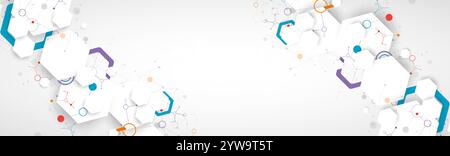 Scientific fbstract background. White hexagons with a plexus effect and circles connected by lines. Hand drawn vector. Stock Vector