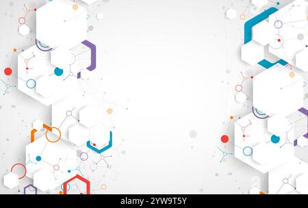 Scientific fbstract background. White hexagons with a plexus effect and circles connected by lines. Hand drawn vector. Stock Vector
