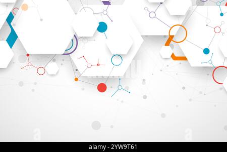 Scientific fbstract background. White hexagons with a plexus effect and circles connected by lines. Hand drawn vector. Stock Vector