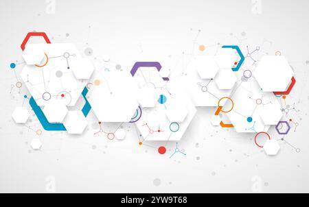 Scientific fbstract background. White hexagons with a plexus effect and circles connected by lines. Hand drawn vector. Stock Vector