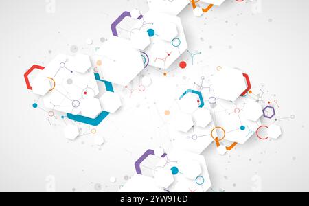 Scientific fbstract background. White hexagons with a plexus effect and circles connected by lines. Hand drawn vector. Stock Vector