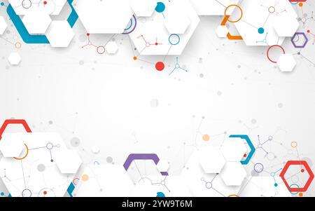 Scientific fbstract background. White hexagons with a plexus effect and circles connected by lines. Hand drawn vector. Stock Vector