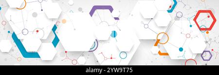 Scientific fbstract background. White hexagons with a plexus effect and circles connected by lines. Hand drawn vector. Stock Vector
