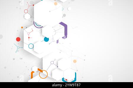 Scientific fbstract background. White hexagons with a plexus effect and circles connected by lines. Hand drawn vector. Stock Vector