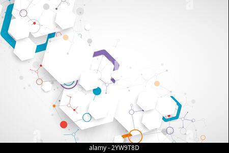 Scientific fbstract background. White hexagons with a plexus effect and circles connected by lines. Hand drawn vector. Stock Vector