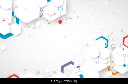 Scientific fbstract background. White hexagons with a plexus effect and circles connected by lines. Hand drawn vector. Stock Vector