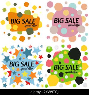 Set of big sale special offer square banners on white background.  Vector background with colorful design elements. Vector illustration. Stock Vector