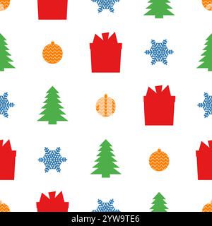 Christmas semless pattern with snowflake, christmas ball, gift box and Christmas tree on white background. Vector illustration Stock Vector